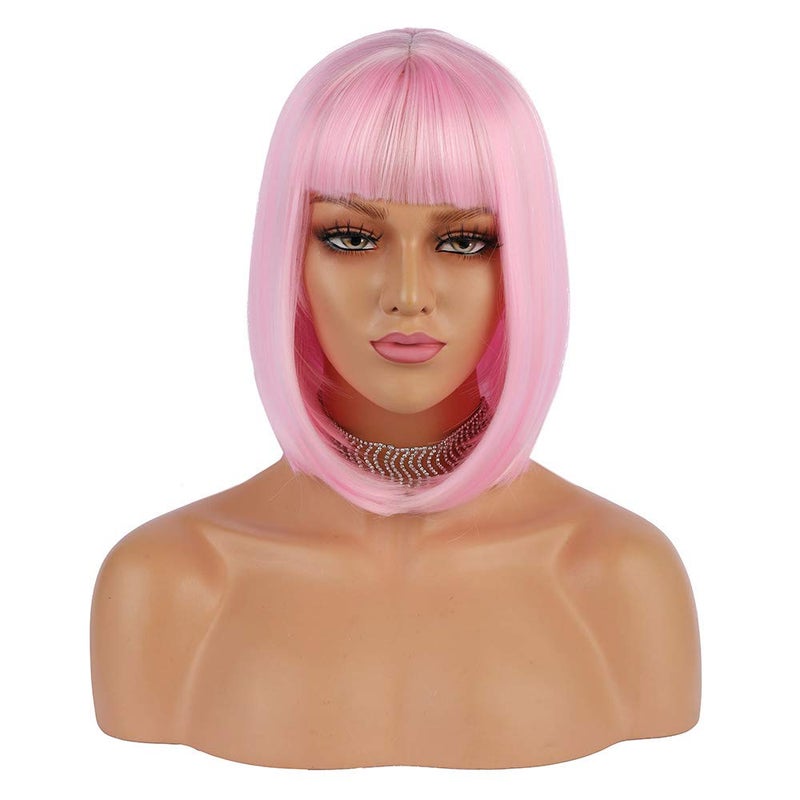 eNilecor Short Bob Hair Wigs 12" Straight with Flat Bangs Synthetic Colorful Cosplay Daily Party Wig for Women Natural As Real Hair+ Free Wig Cap (Light Pink) - Image 3